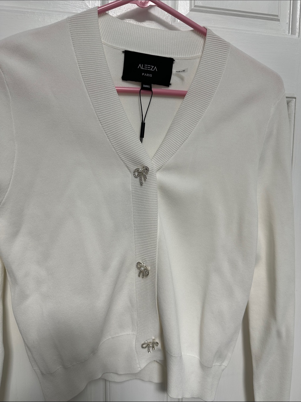 Aleeza Paris White V-Neck Cardigan with Jewel Bee Buttons